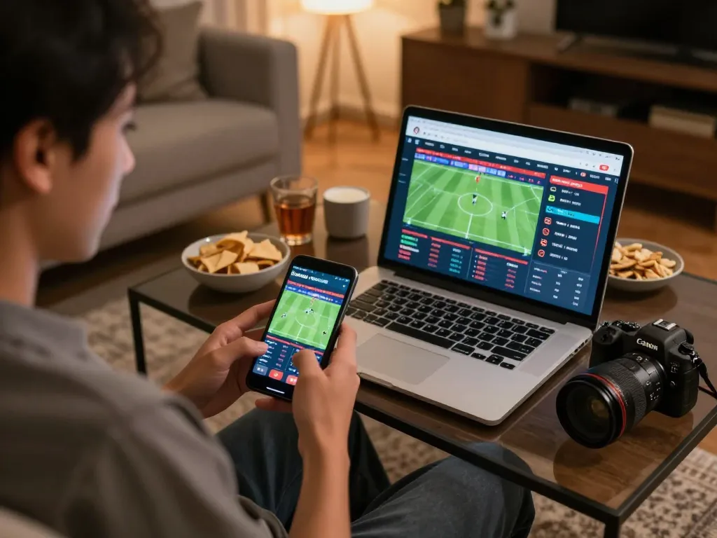 A person checking sports betting odds on a smartphone while engaging with keonhacai updates in a cozy home setting.