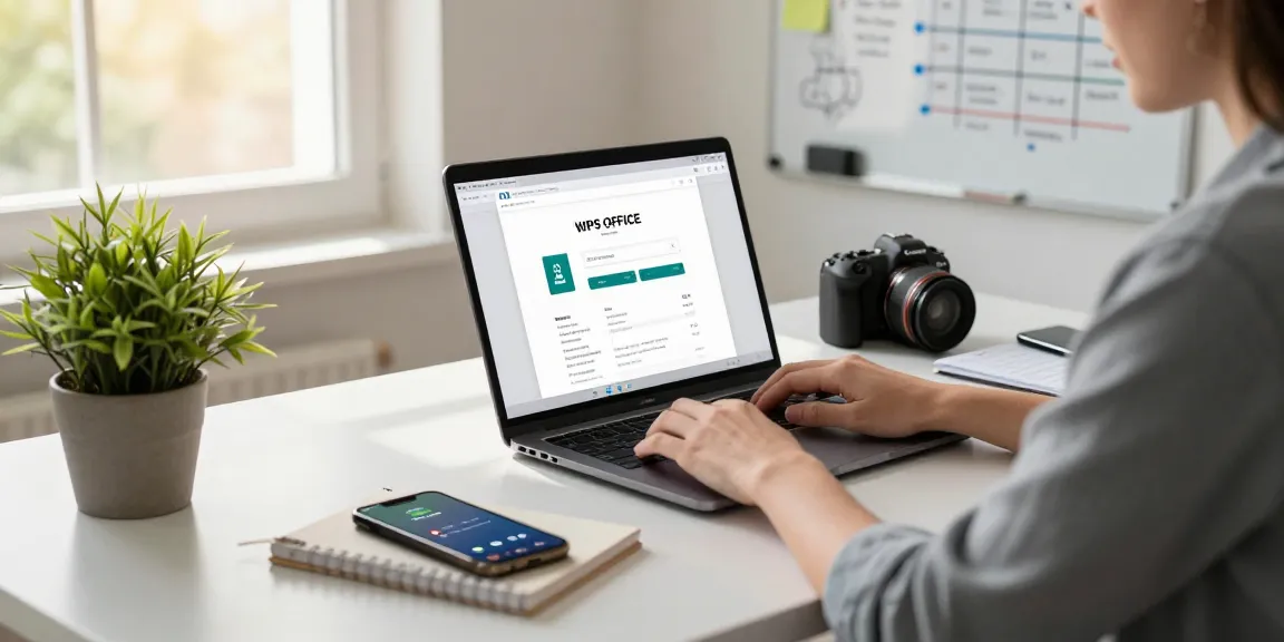 Person focusing on Download WPS Office in a modern home office with productivity tools and natural light