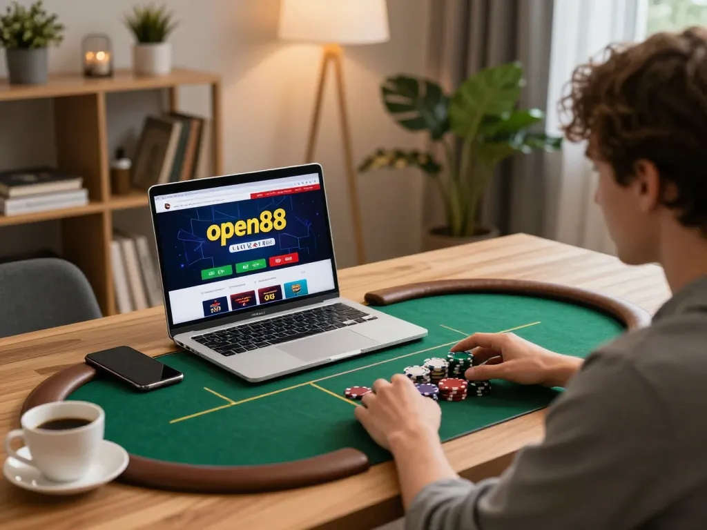 Playing poker on open88 com site with laptop and chips in cozy home setting