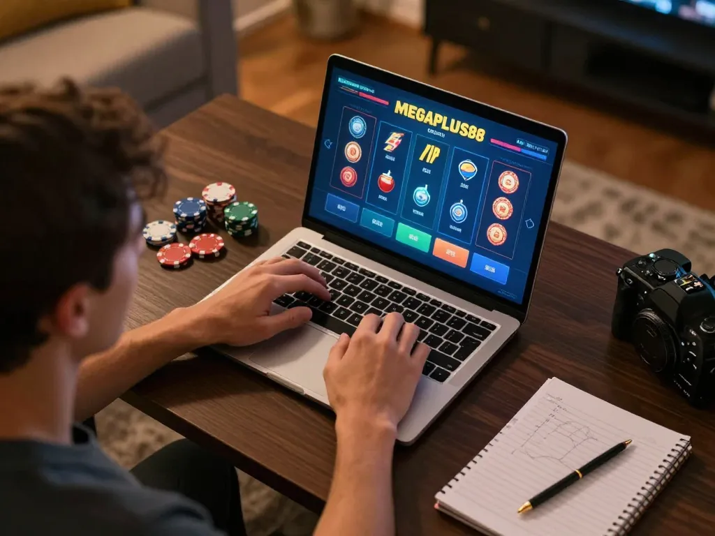 Online gambling session focused on a player engaging with megaplus88 platform on a laptop.