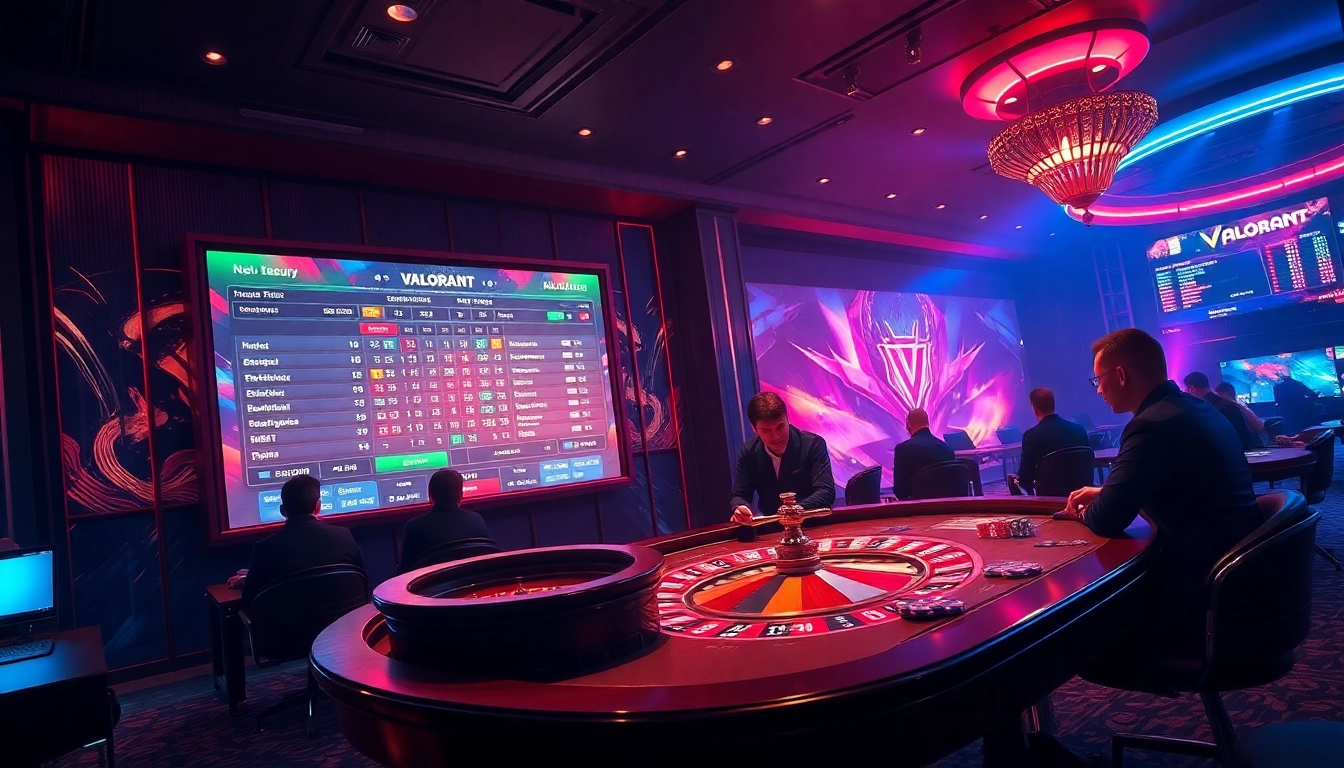 E1 Sport แทง Valorant betting action with a high-stakes casino atmosphere and digital displays.