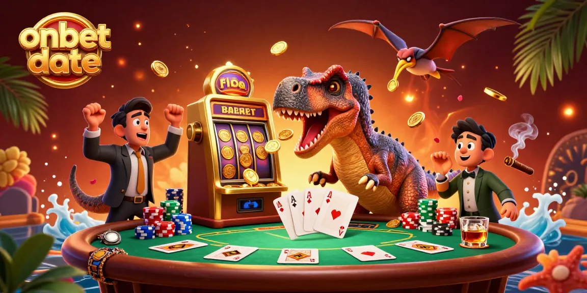 Experience the thrill of onbet date as a dinosaur wins coins from a slot machine in this vibrant casino scene.
