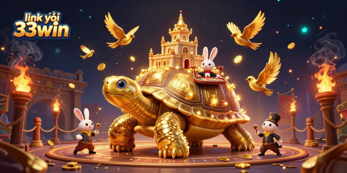 Experience the excitement of link vào 33win with a vibrant 3D casino illustration featuring a golden tortoise and a rabbit dealer.