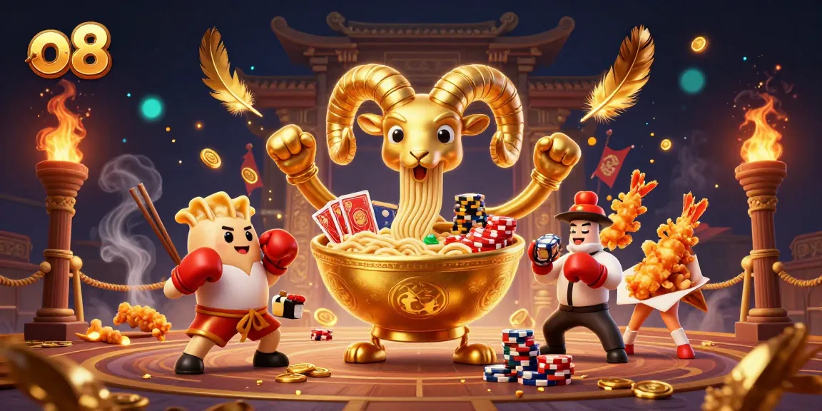 Engage with the thrilling gameplay at o8, featuring a vibrant golden ramen bowl character in a dynamic casino scene.