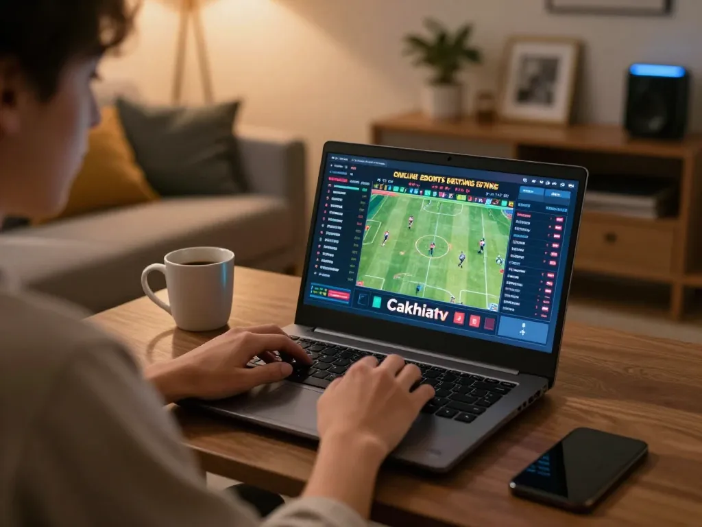 Cakhiatv user engaged in live sports betting with focused analysis and relaxed home environment