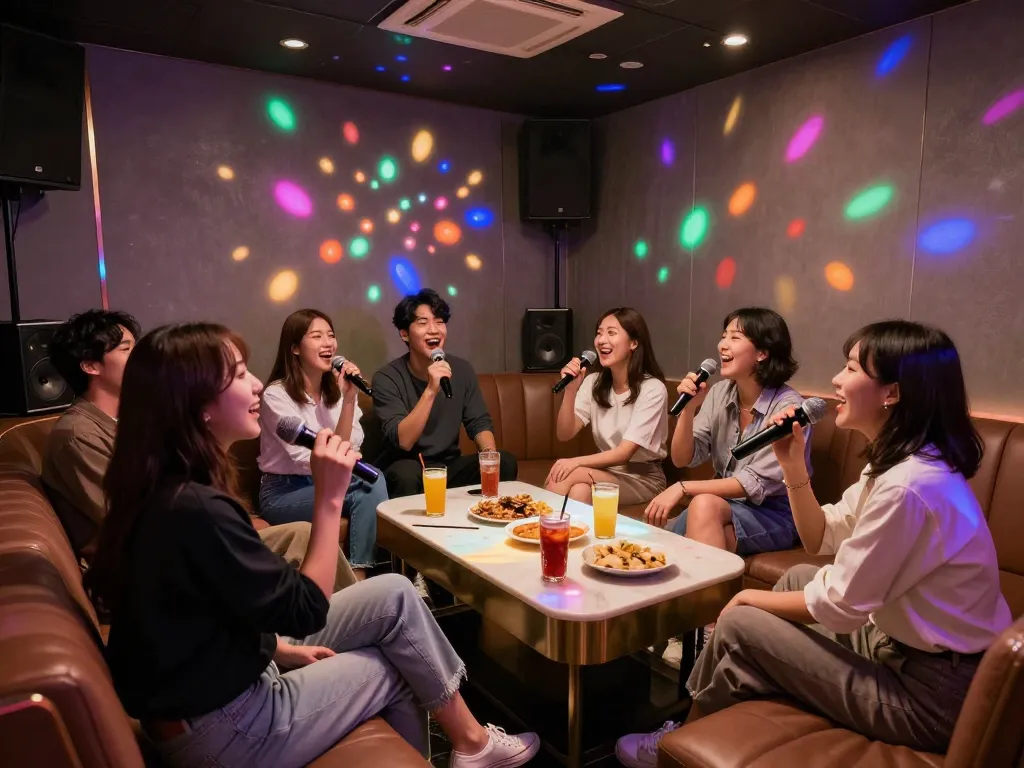 서구청쓰리노에서 친구들이 노래하고, 세련된 장식과 음료가 어우러진 생동감 넘치는 프라이빗 노래방 경험.