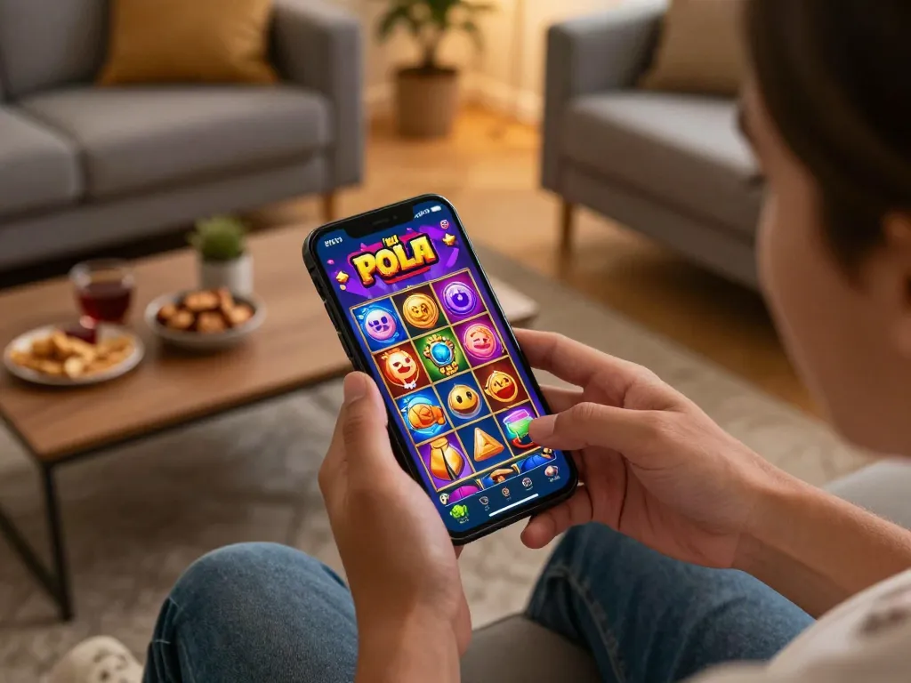 Engaging in strategic gameplay with slot pulsa on a mobile app in a cozy home setting.