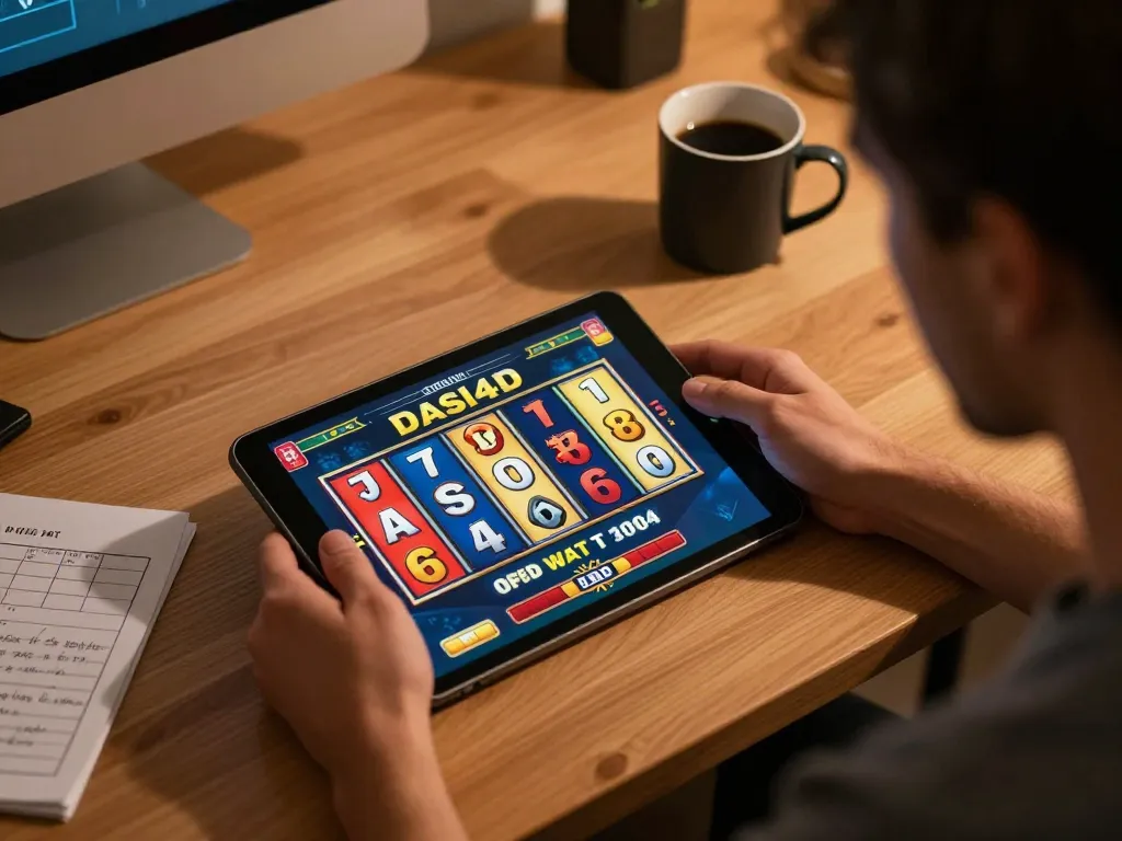 Tampilan permainan slot DASI4D di tablet, menyoroti lingkungan permainan rumah yang menarik.