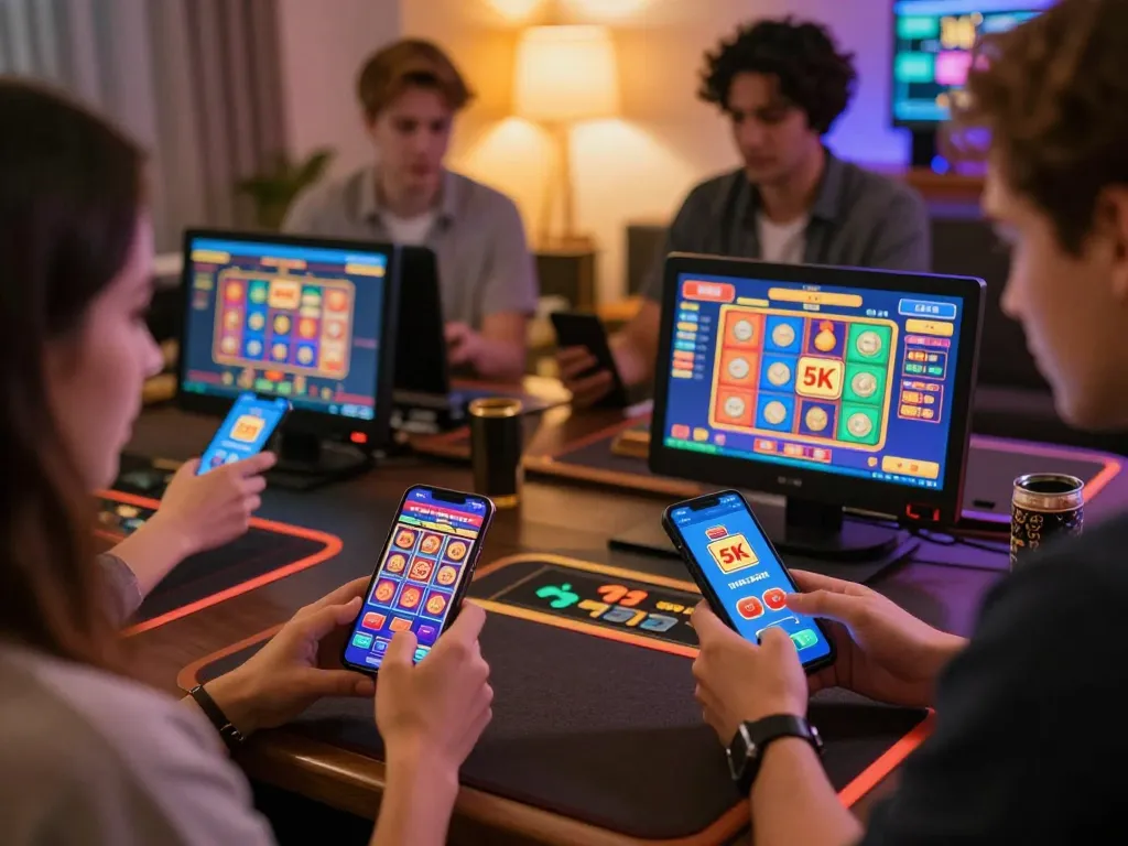 Engaging in slot depo 5k online gaming with vibrant mobile app displays and focused players