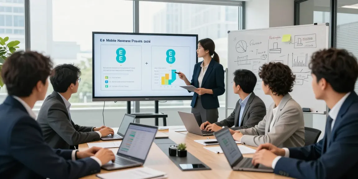 Team comparing EE vs Three business plans in modern office conference room, with laptops and charts.