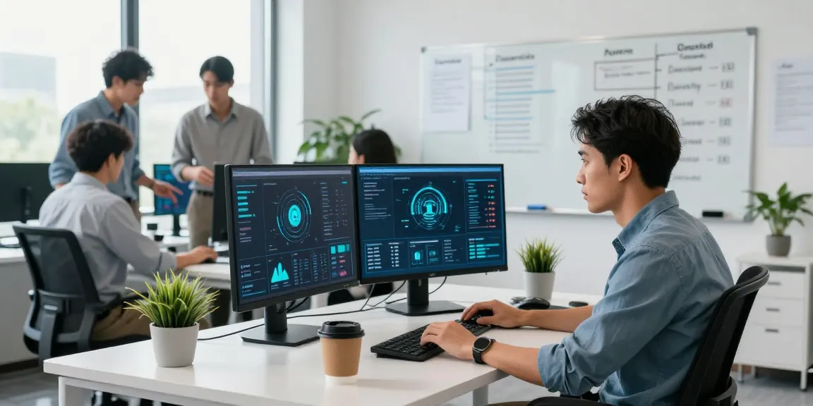 Cyber essentials certification workspace scene with cybersecurity expert analyzing real-time data.