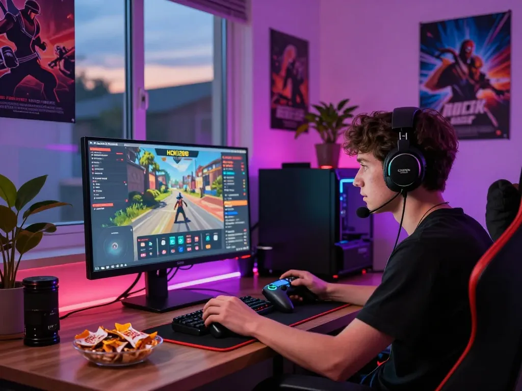 Exciting HOKI288 gaming atmosphere with player focused on online gaming setup.
