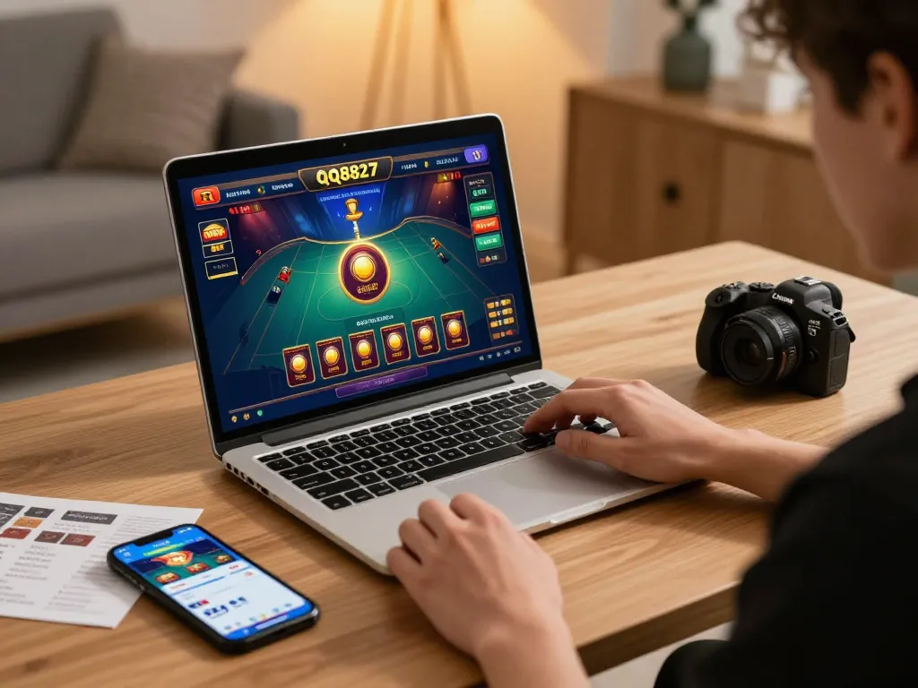 Player enjoying qq8827 online casino games with strategic notes in a cozy home office.
