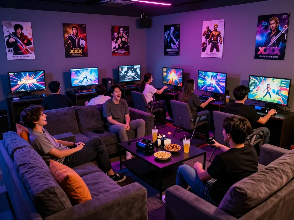 Engaging scene of friends enjoying xxx games in a lively gaming lounge.