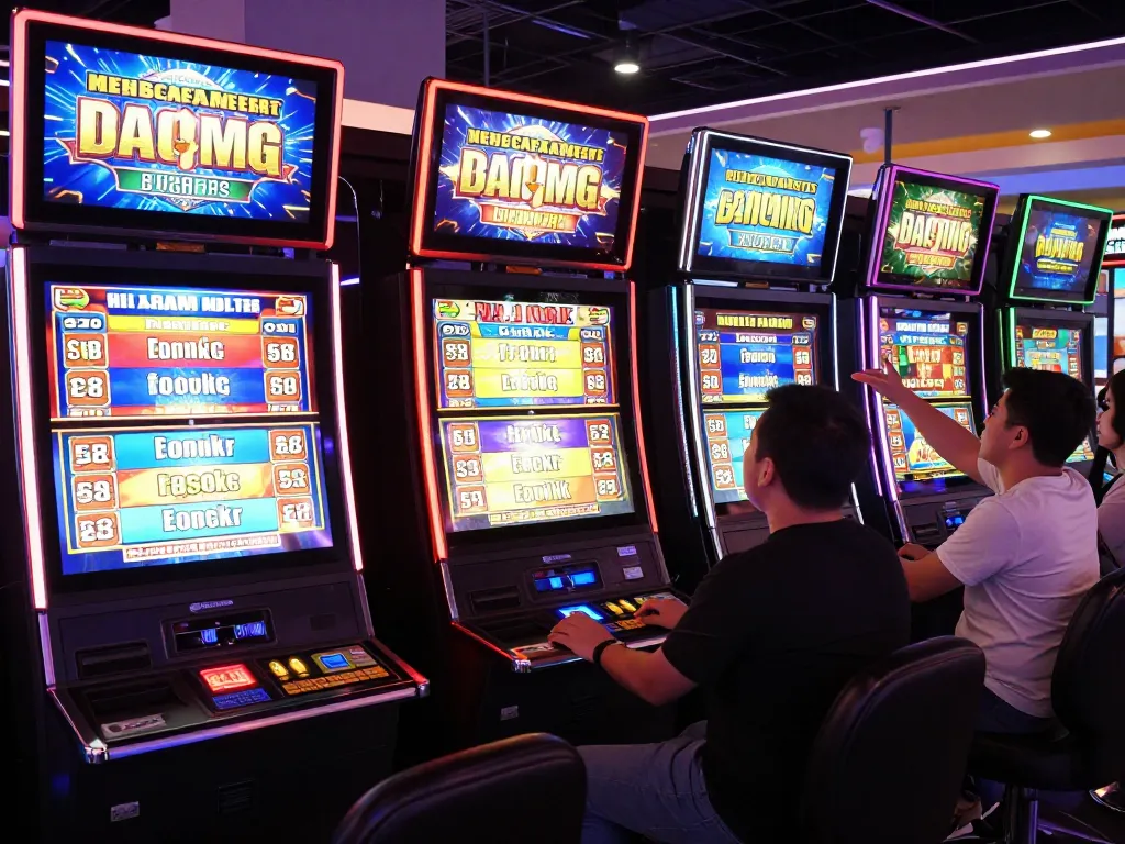 Players enjoy vibrant slot games, celebrating wins in a lively casino atmosphere.