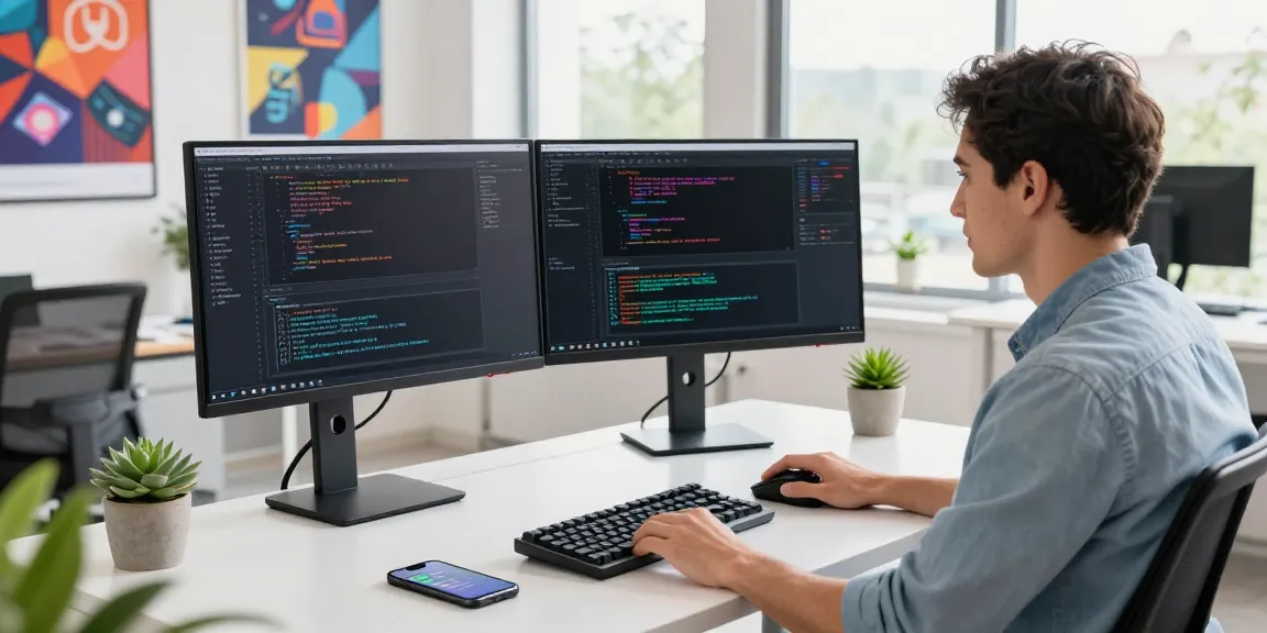 Software developer at a modern workspace with dual monitors showcasing coding tasks for telegramin-cn.com