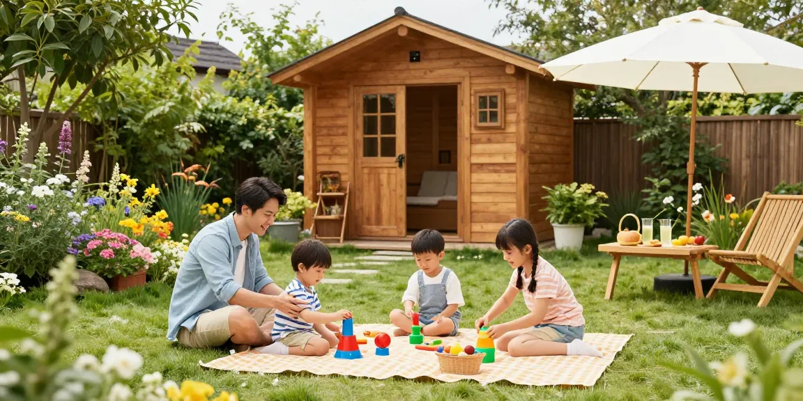 Familie genießt Zeit im Garten vor einem schönen Gartenhaus mit Picknick und Spielzeug.
