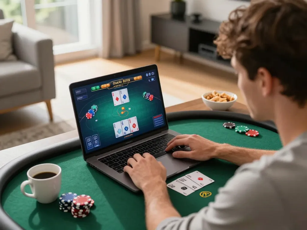 Rikvip player focusing on a winning poker strategy at home with chips and cards visible.