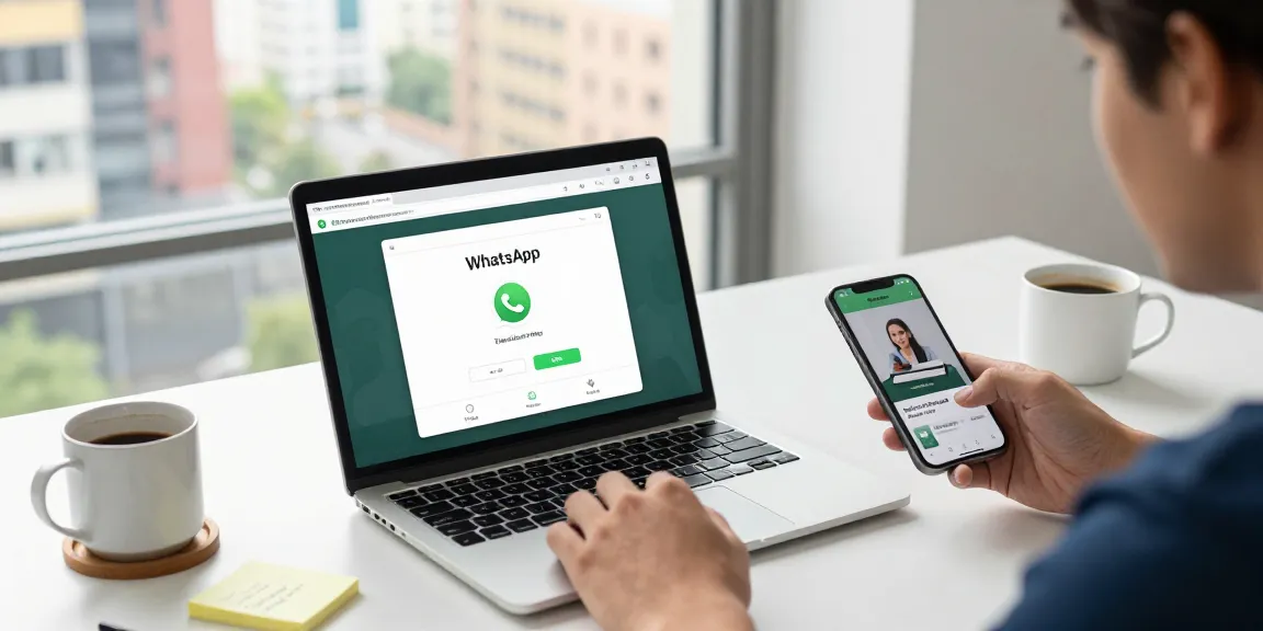 Engaged user chatting on WhatsApp網頁版 in a bright modern workspace.