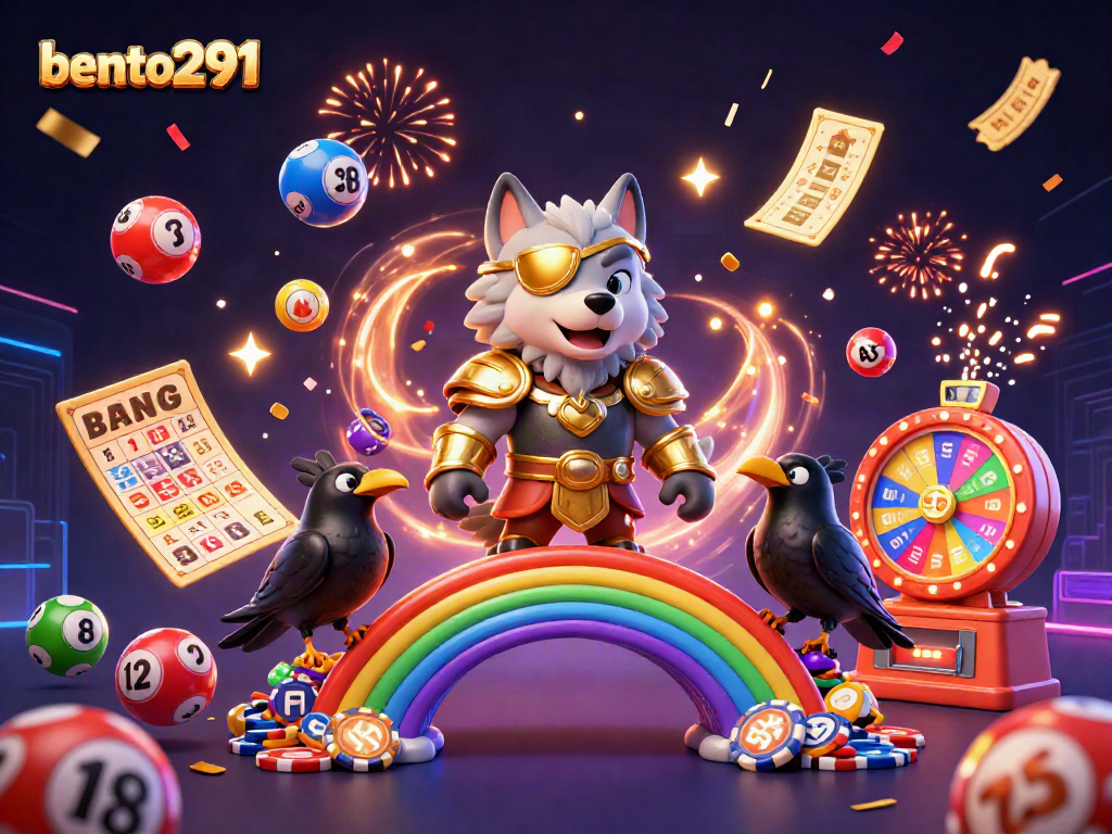 bento291 showcases an Odin wolf and ravens celebrating with casino-themed elements in a vibrant scene.