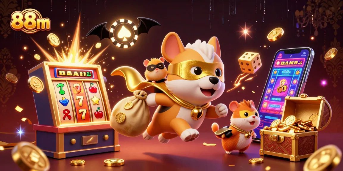 Join the thrilling action at 88m with a flying superhero dog carrying gold coins in a dynamic casino illustration.