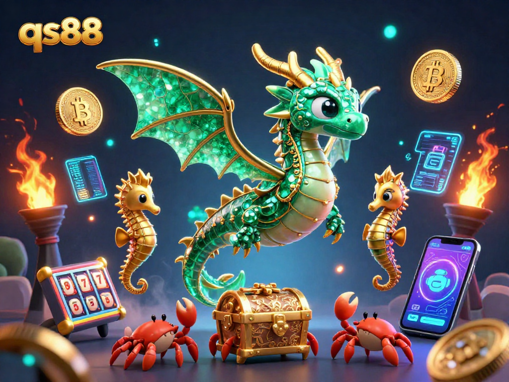 Immerse in qs88's vibrant 3D casino adventure featuring a sea dragon and crypto elements.