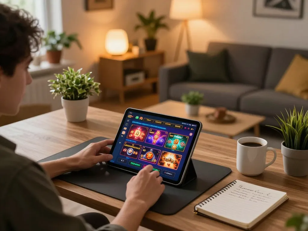 Joueur s'engageant dans des activités de retrait rapide de casino en ligne sur une tablette dans un cadre confortable à la maison.
