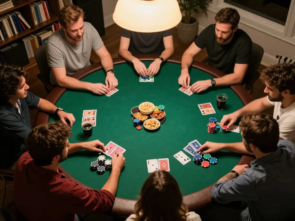 Tải Go88 at home poker night with friends, showcasing a lively game scene with players and colorful chips
