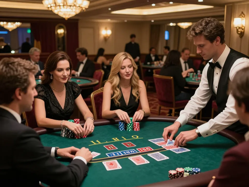 Experience high-stakes blackjack gameplay at cm88, featuring players focused on their cards amid luxurious casino surroundings.