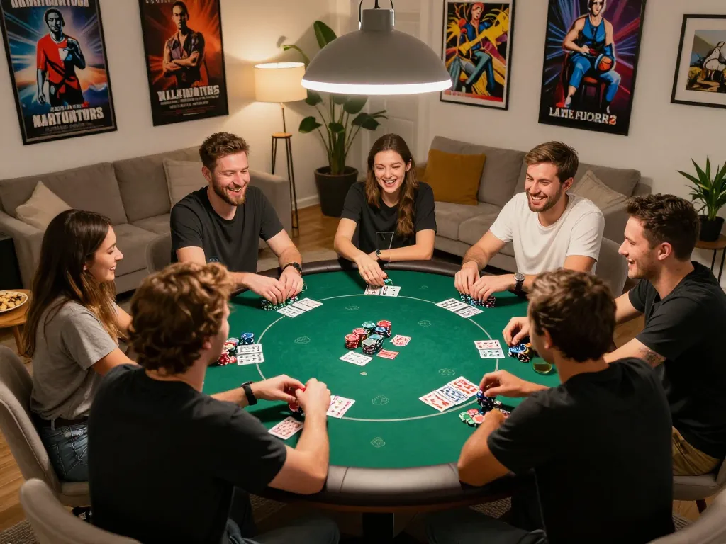 Friends enjoying a poker night while strategizing on keonhacai tv, vibrant and lively atmosphere