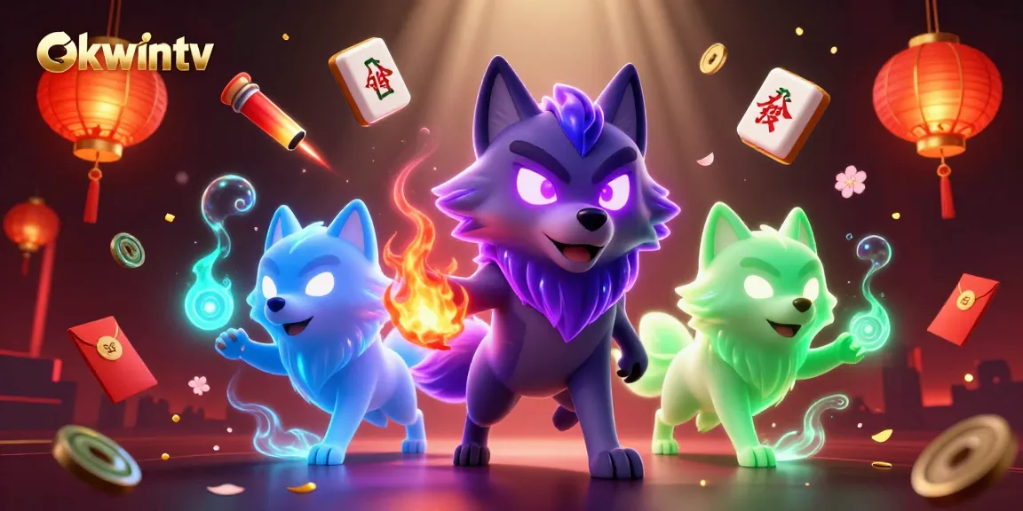 Experience thrilling live sports on okwintv with vibrant 3D illustration of mystical wolves and gambling icons.