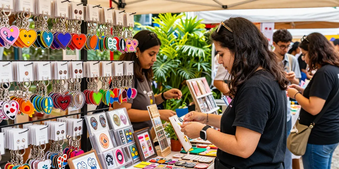 Custom acrylic keychain options on display in a vibrant e-commerce setting, with shoppers browsing colourful designs.