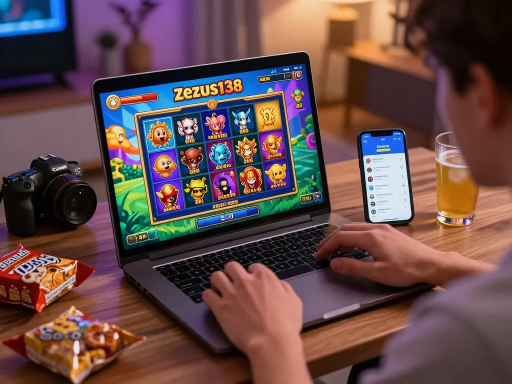 Player enjoying a vibrant Zeus138 online slot game with snacks and smartphone nearby.