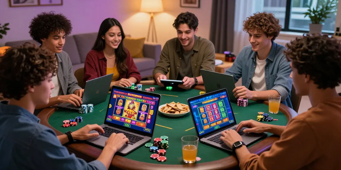 Friends enjoying an exciting game night at a credit card casino with laptops, vibrant game visuals, and snacks.