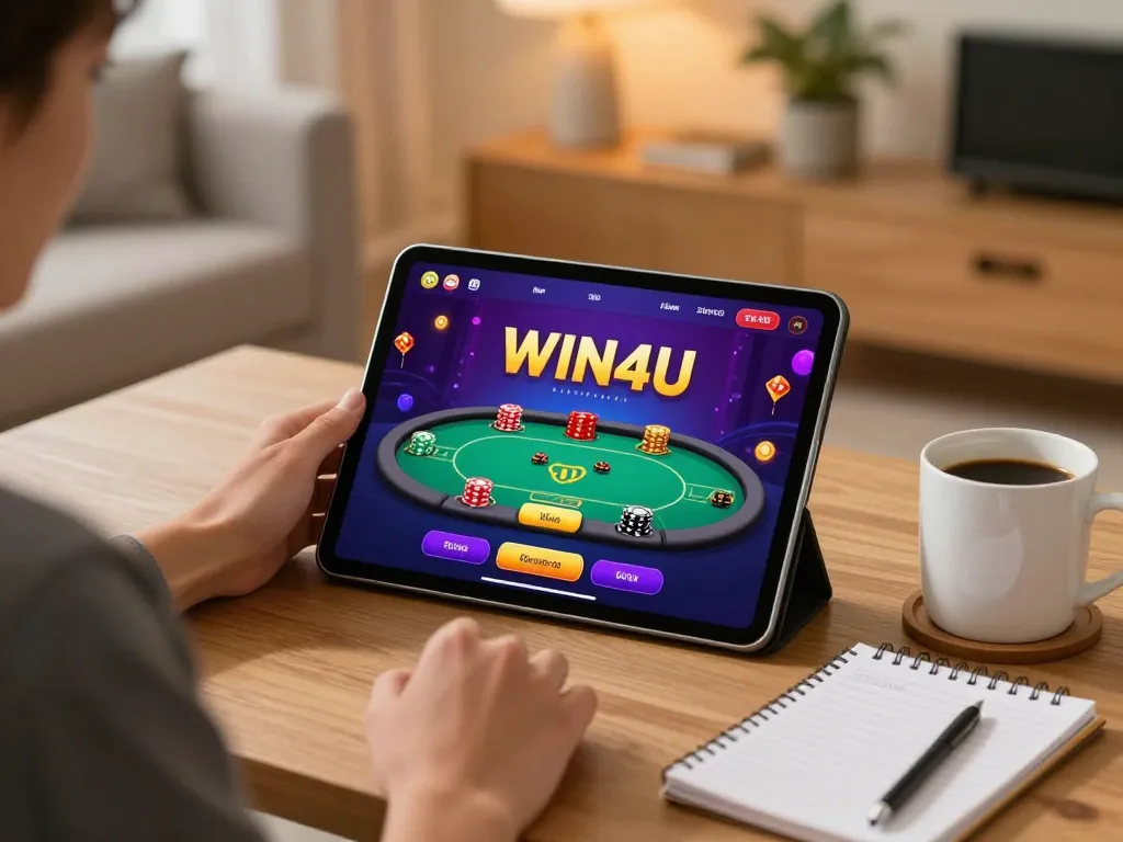 Engaging online casino session on the WIN4U app showcasing poker gameplay in a cozy home setting.