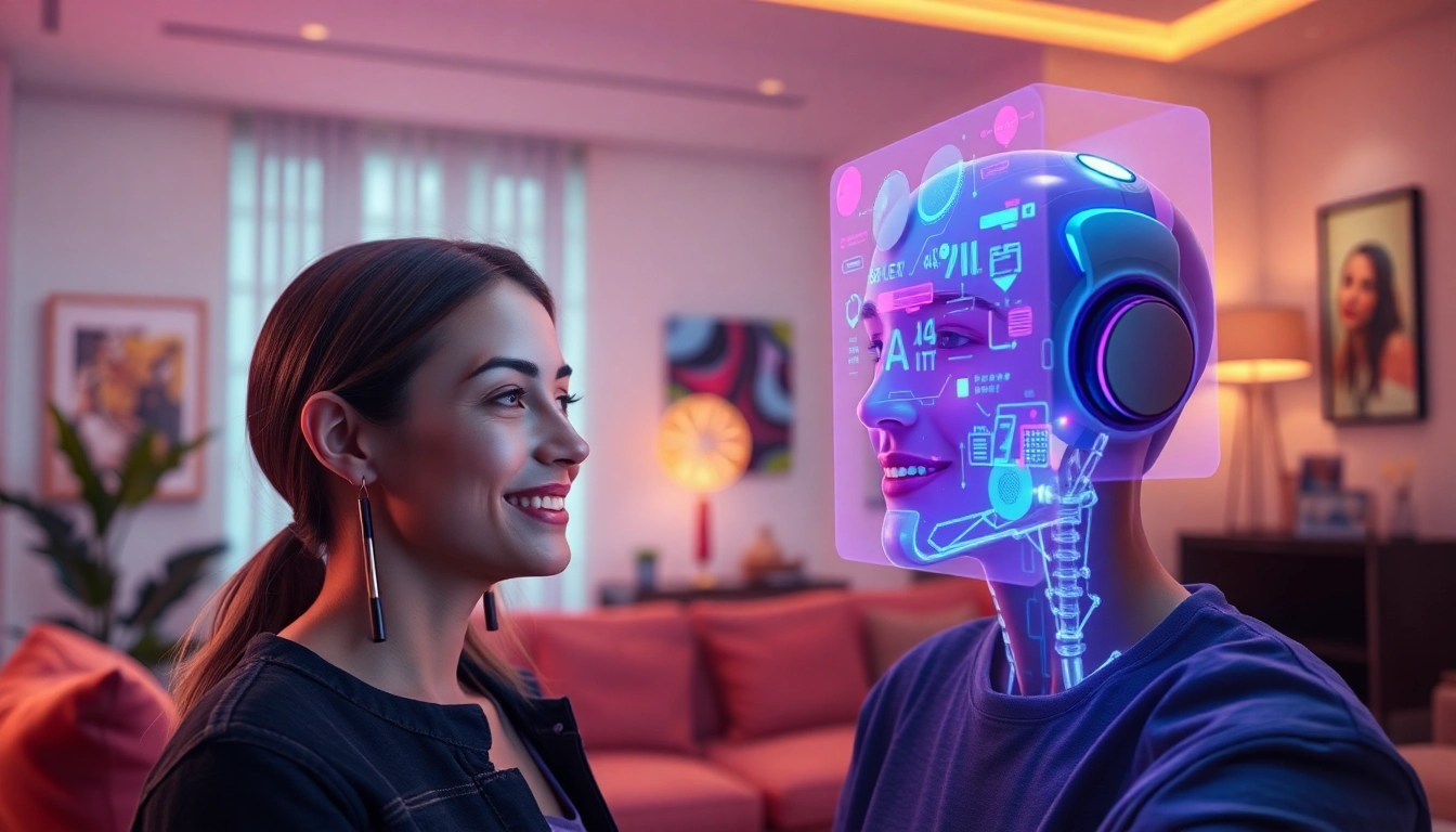 AI slut virtual assistant interacting in a modern living room.