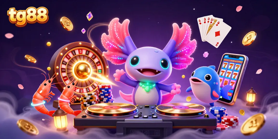 Tg88 showcases vibrant casino energy with axolotl DJ and glowing shrimp in a packed underwater scene.