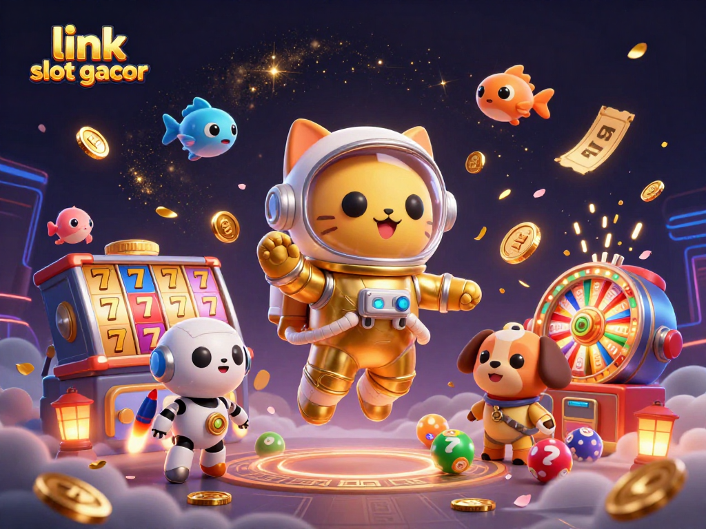 Experience fun with link slot gacor as a cat astronaut and robot dog celebrate wins in a cosmic gambling scene.
