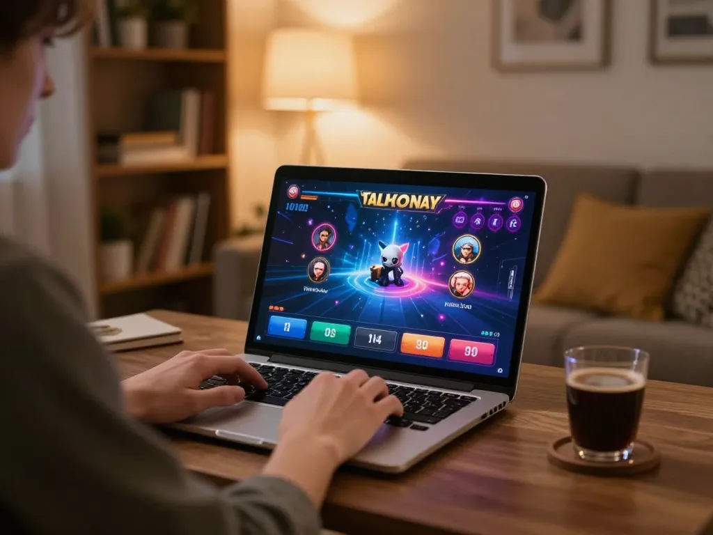Engaged player enjoying HELLO88 online casino with vibrant game interface in cozy setting