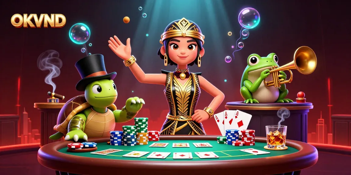 Engage in thrilling bets at OKVND with cartoon characters and vibrant casino elements.