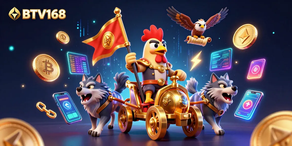 BTV168 showcases a dazzling 3D casino scene with a rooster warlord and crypto elements, enhancing gaming excitement.