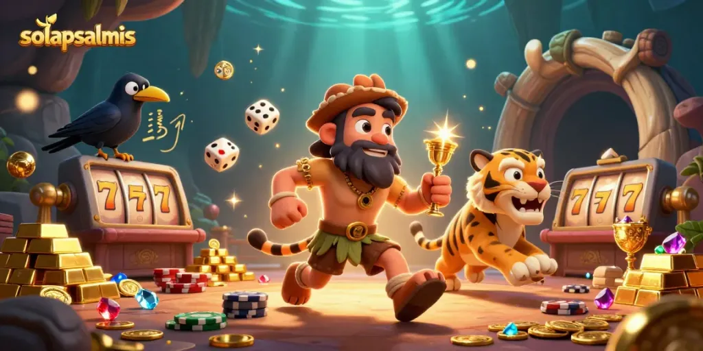 Experience thrilling wins at solapsalmis with a dynamic prehistoric casino illustration featuring vibrant games.