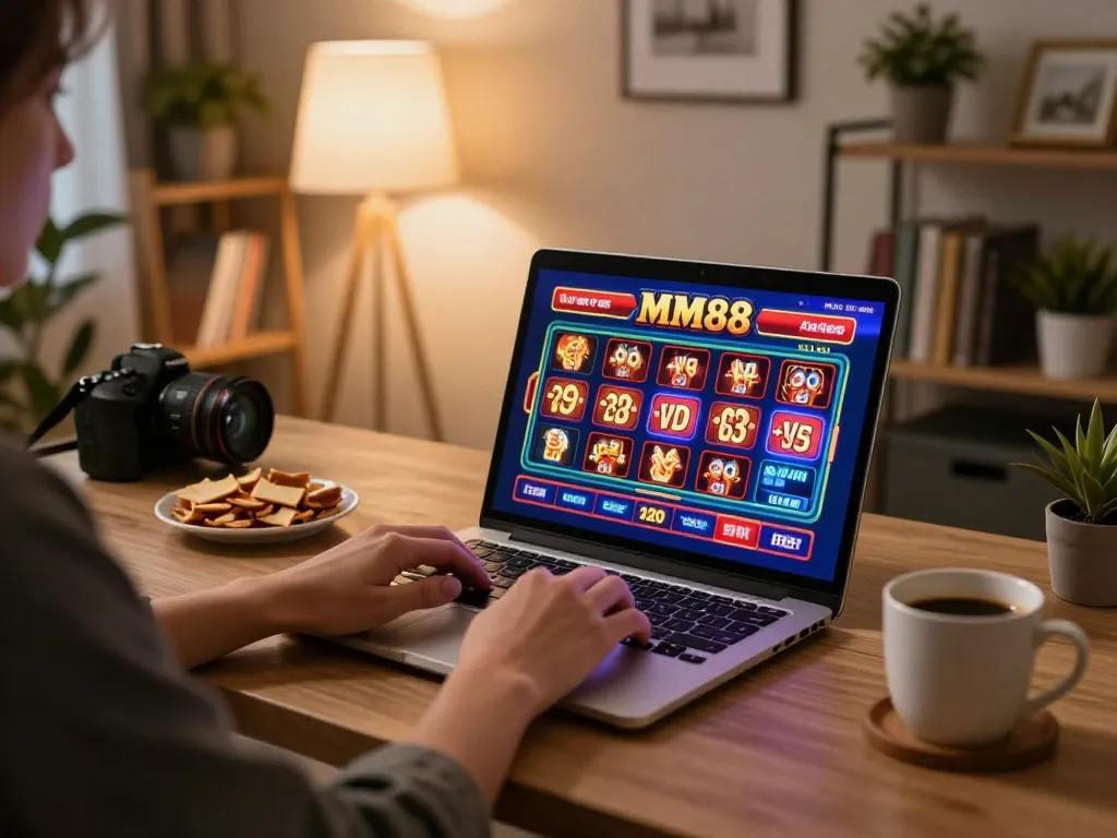 Engaging online gaming session on MM88 platform with laptop showing casino games.