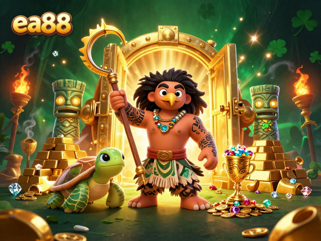 Experience exciting gambling at ea88 with vibrant 3D illustration of winning scenes and treasures.