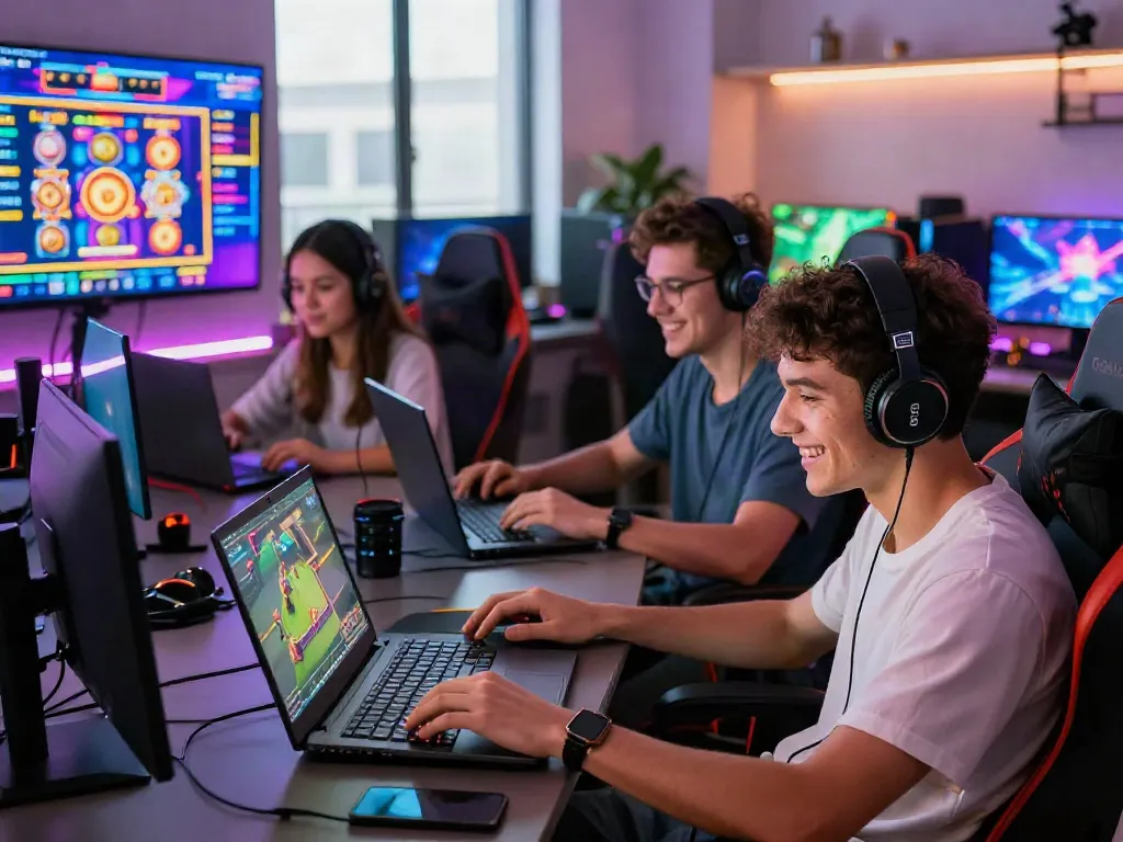 Players enjoying the A80 gaming platform in a vibrant lounge with digital game graphics.