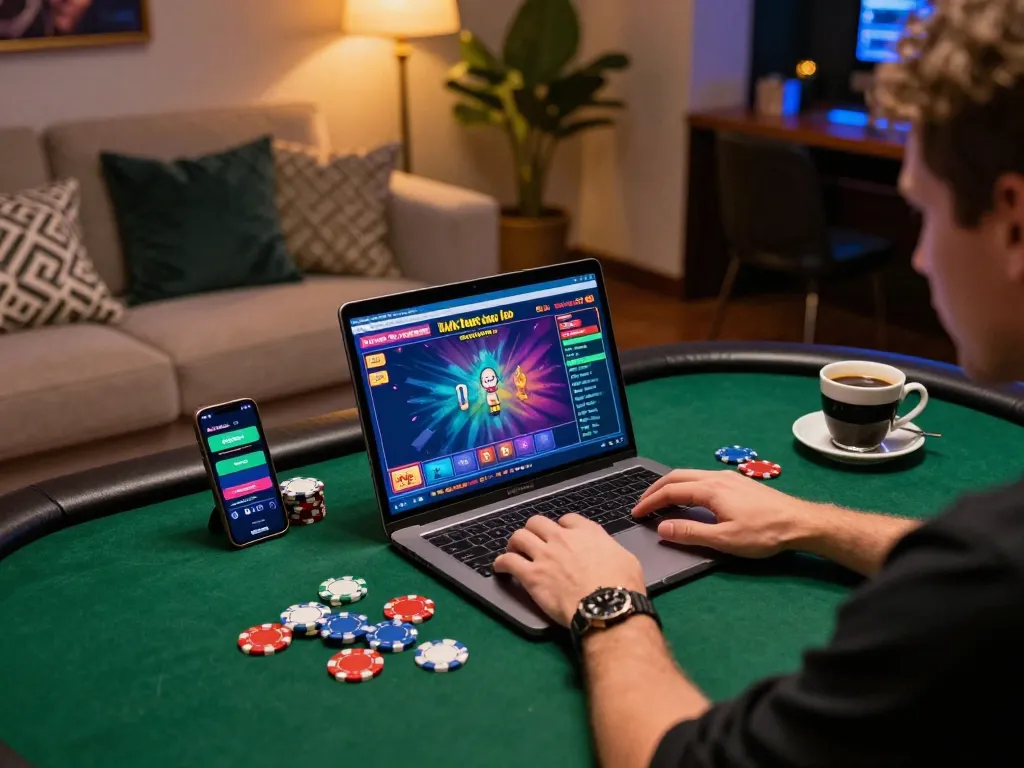 Casual player engaging in poker at cm88 online casino with vibrant interface and warm decor