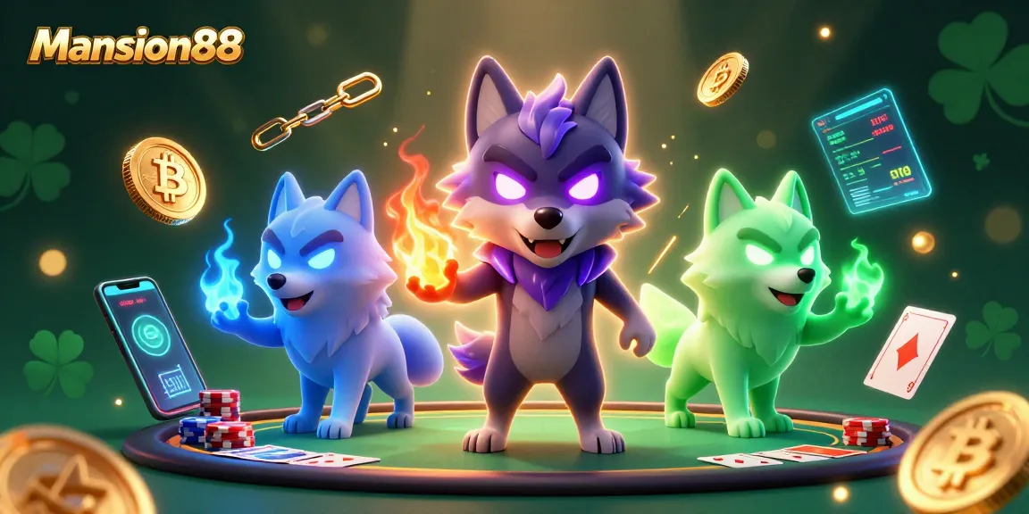 Mansion88 entices players with 3D wolves in a spirited scene of poker and cryptocurrency excitement.