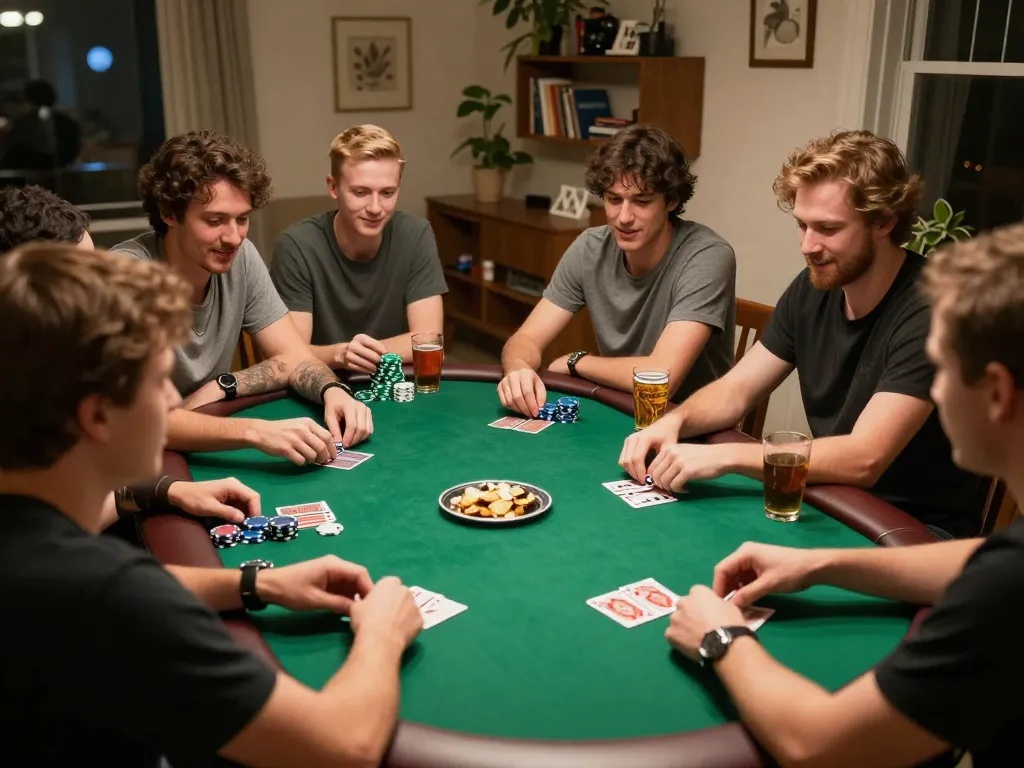 Friends enjoying a thrilling poker night at home, showcasing b52club atmosphere and excitement