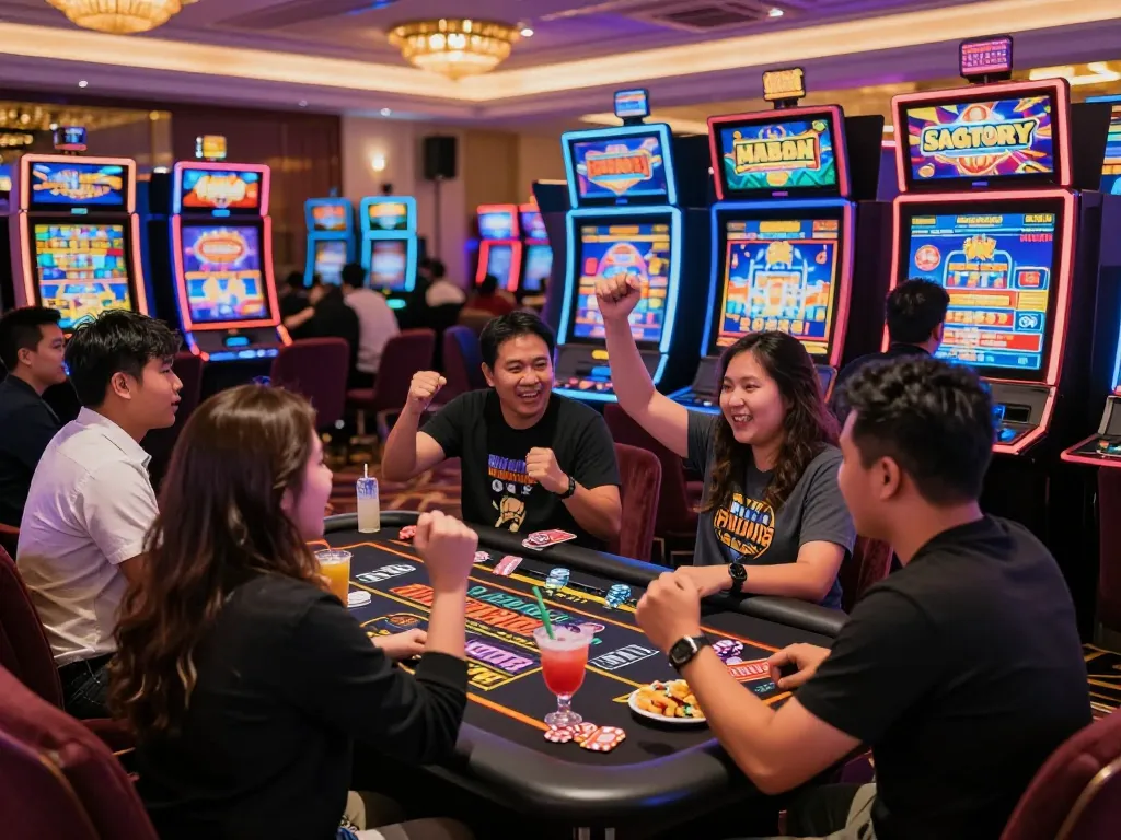 Exciting scene of players at a vibrant slot gacor hari ini casino, celebrating wins with colorful machines and lively atmosphere.