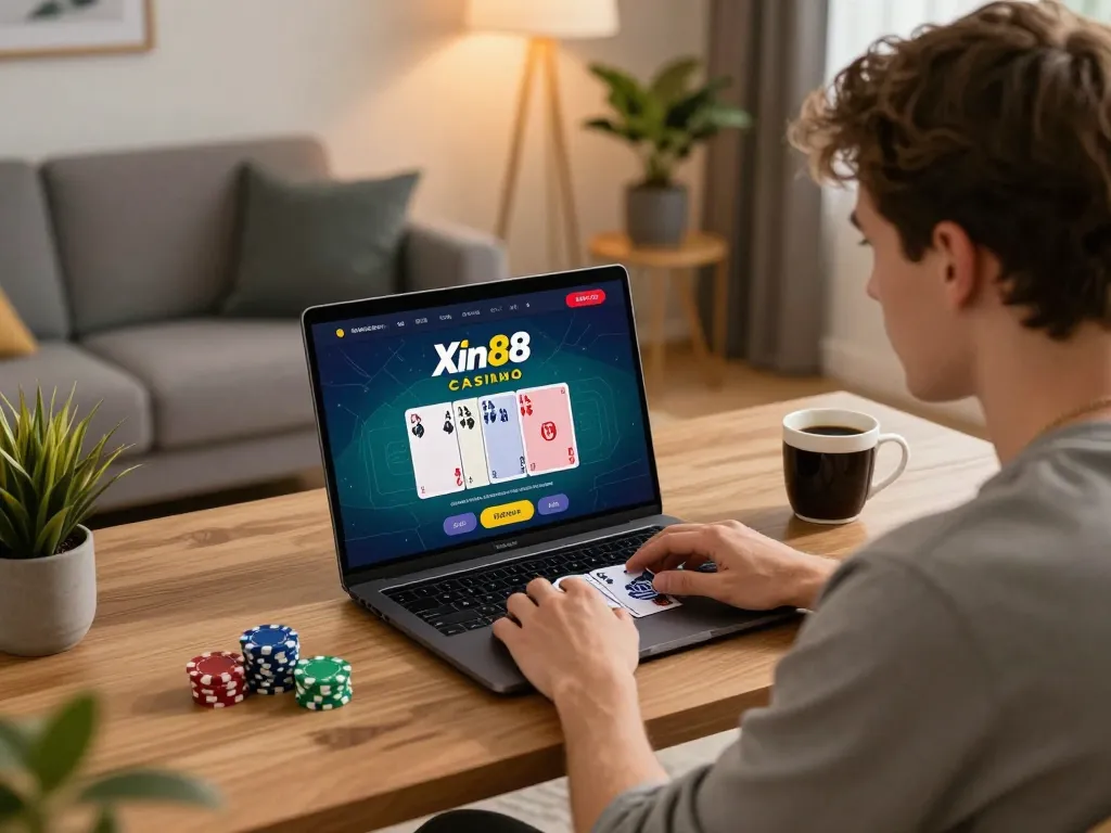 Experience online poker action with Xin88 in a modern home setting, highlighting engaging gaming moments.